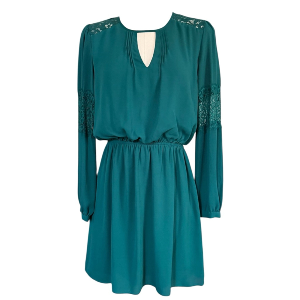 EXPRESS womens emerald green floral lace longsleeve dress